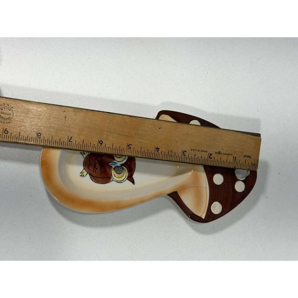 Vintage Japan Ceramic Mushroom Owl Spoon Rest Wall Hanging Brown Polka Dot Retro